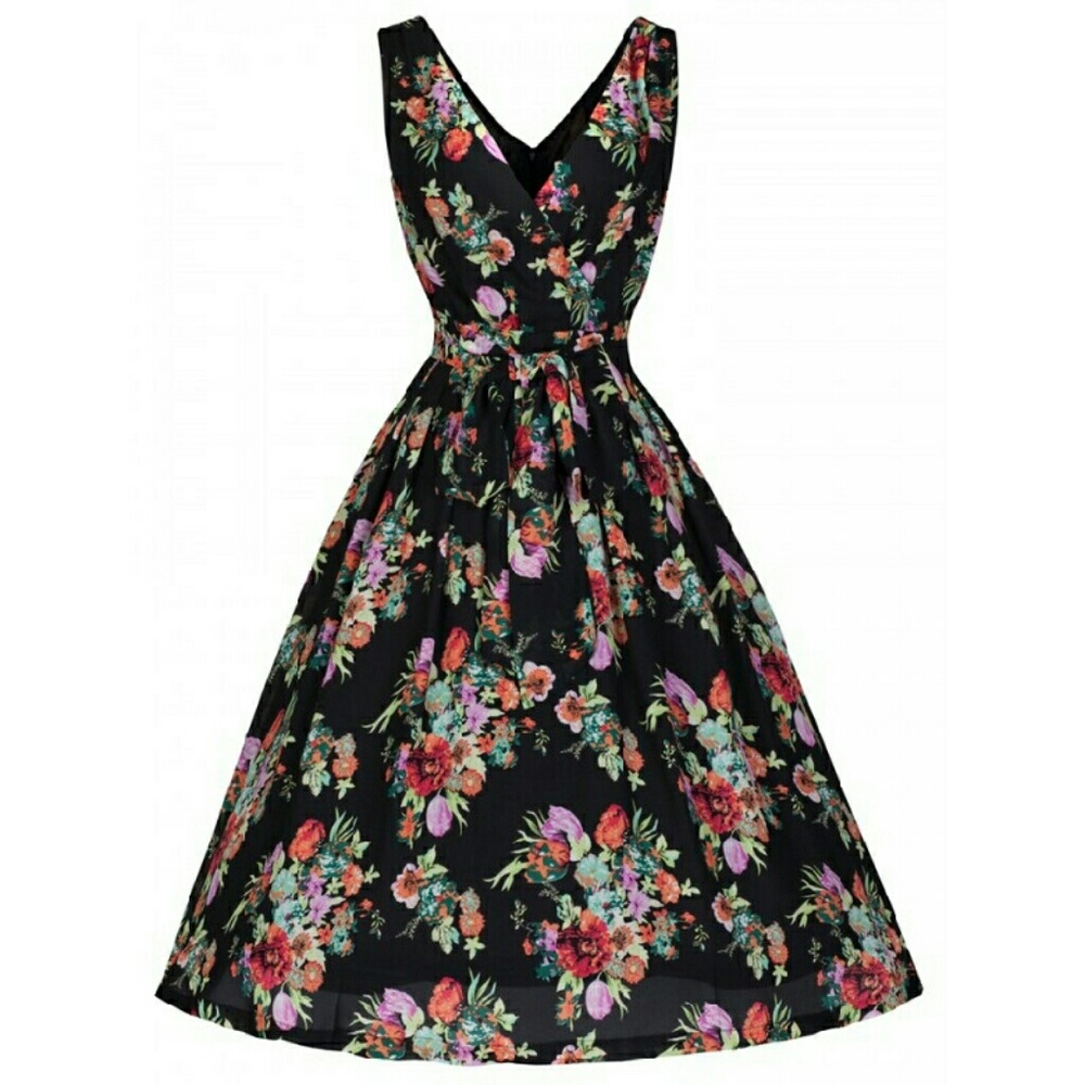 Lindy Bop Retro Pinup Dress Black Flowy Floral